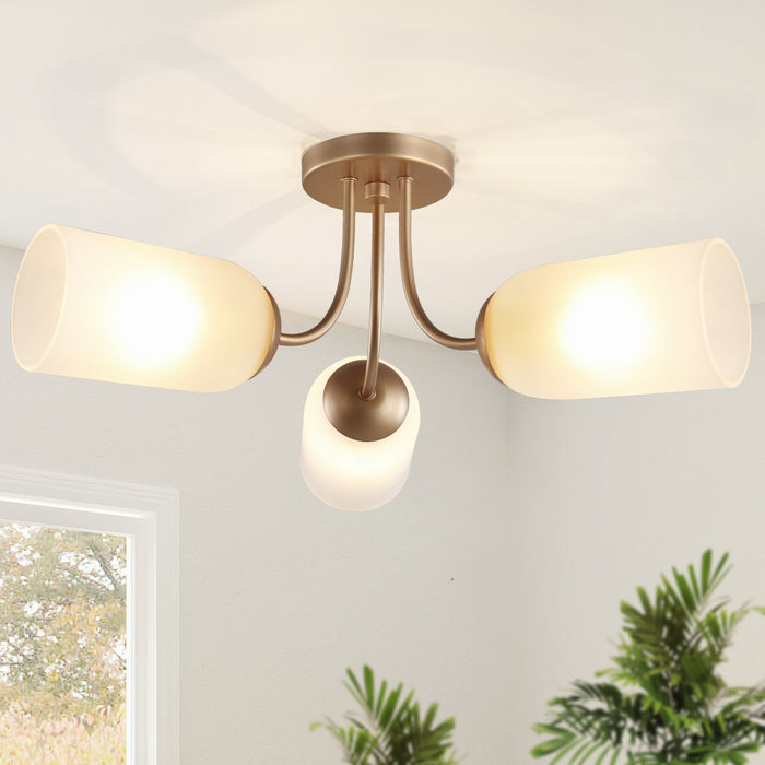 Zavira 3-Light Gold Radial Semi-flush Mount Frosted Glass Ceiling Light