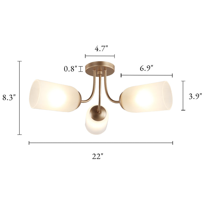 Zavira 3-Light Gold Radial Semi-flush Mount Frosted Glass Ceiling Light