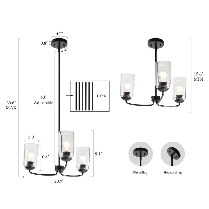 Zavira 3-Light Black Radial Chandelier with Clear Glass Shade
