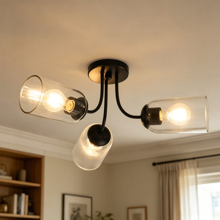 Zavira 3-Light Black Radial Semi-flush Mount Clear Glass Ceiling Light