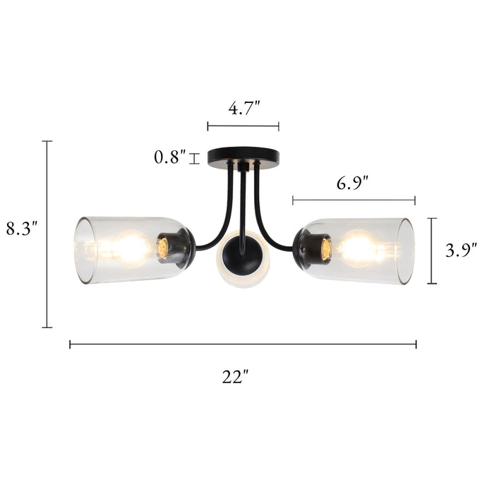 Zavira 3-Light Black Radial Semi-flush Mount Clear Glass Ceiling Light