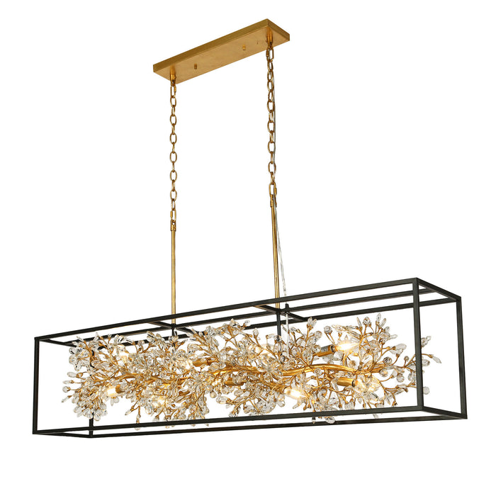 Viora 9-Light Gold Floral Crystal Chandelier Linear Island Light