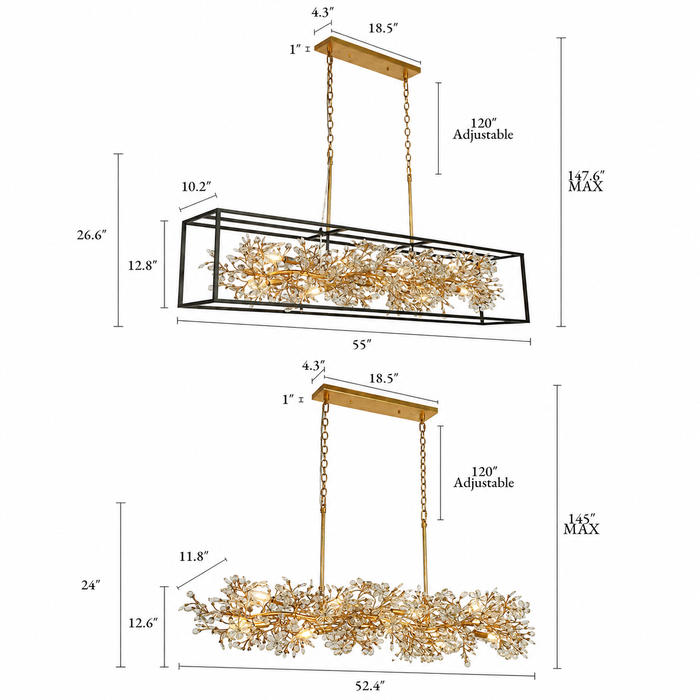 Viora 9-Light Gold Floral Crystal Chandelier Linear Island Light