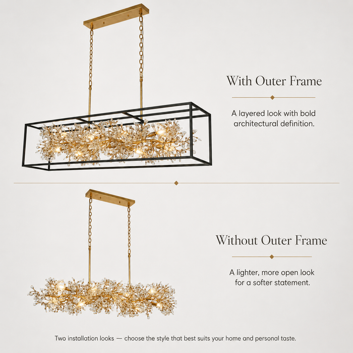Viora 9-Light Gold Floral Crystal Chandelier Linear Island Light