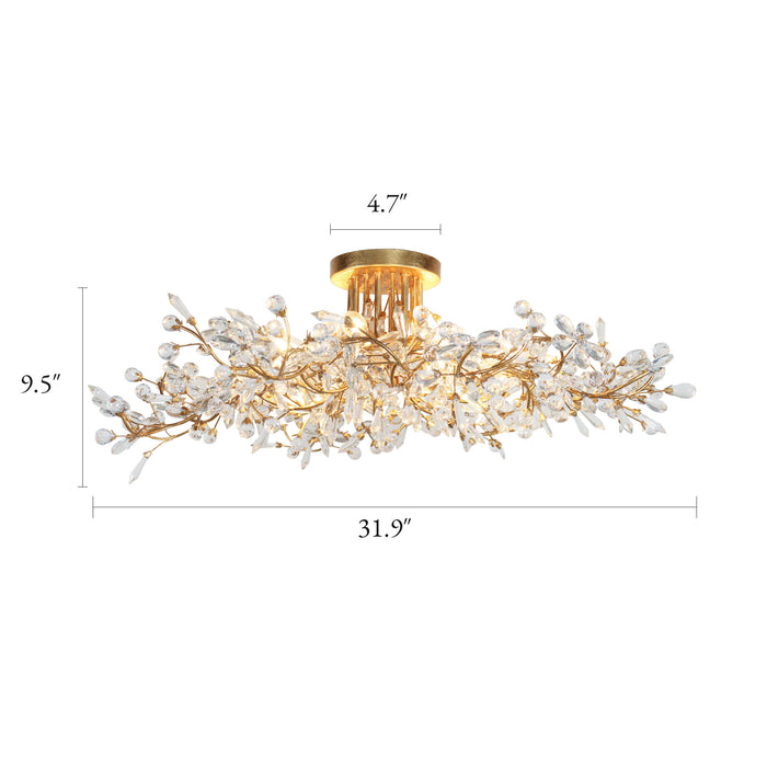 Viora 8-Light Gold Floral Crystal Semi-flush Mount Gold Leaf Ceiling Light