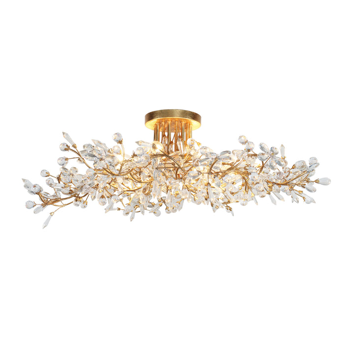 Viora 8-Light Gold Floral Crystal Semi-flush Mount Gold Leaf Ceiling Light