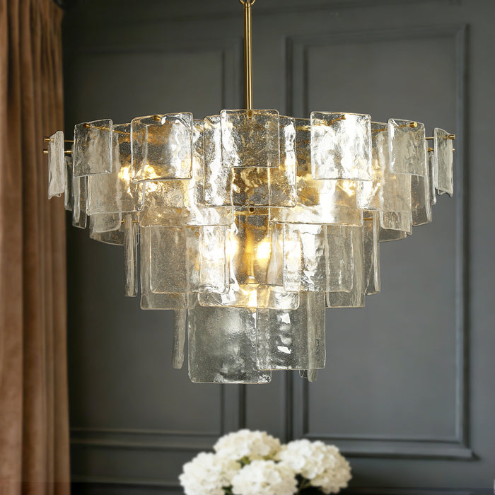 Rivora 13-Light Brass Empire Tiered Chandelier with Seeded Glass Shade