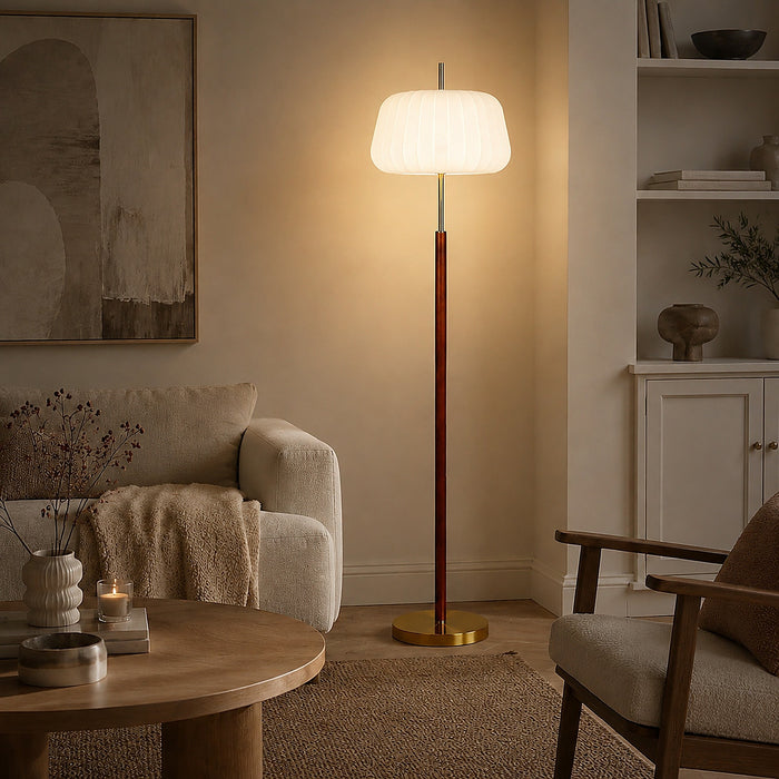 Velora 1-Light Brass Walnut Floor Lamp with Seamless Fabric Shade