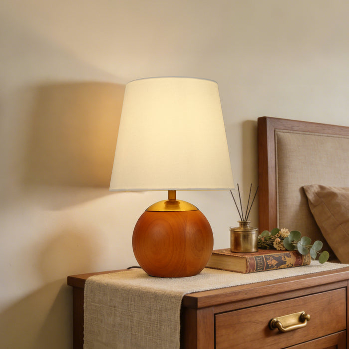 Elvian 1-Light Brass Tapered Linen Table Lamp with Rubberwood Base