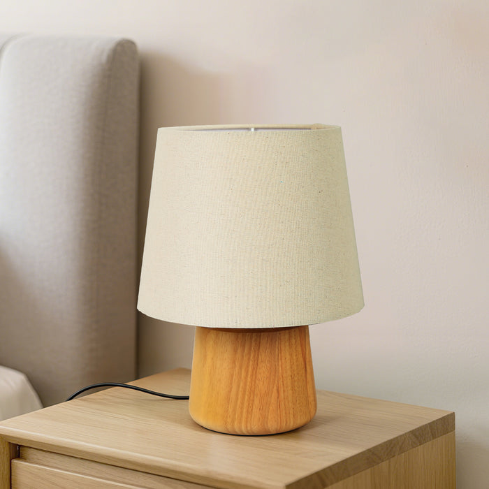 Elvian 1-Light Brass Tapered Linen Table Lamp with Wood Base