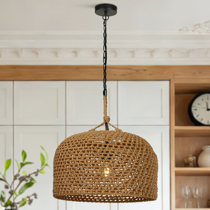 Calira 1-Light Dome Handwoven Natural Tan Woven Rope Pendant Light
