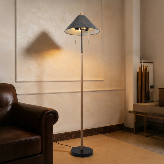 Alvane 2-Light Black Wood Floor Lamp with Cone Gray Linen Shade