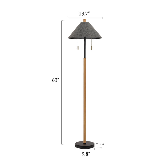 Alvane 2-Light Black Wood Floor Lamp with Cone Gray Linen Shade