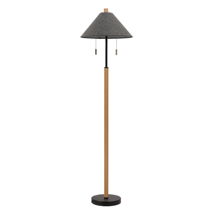 Alvane 2-Light Black Wood Floor Lamp with Cone Gray Linen Shade