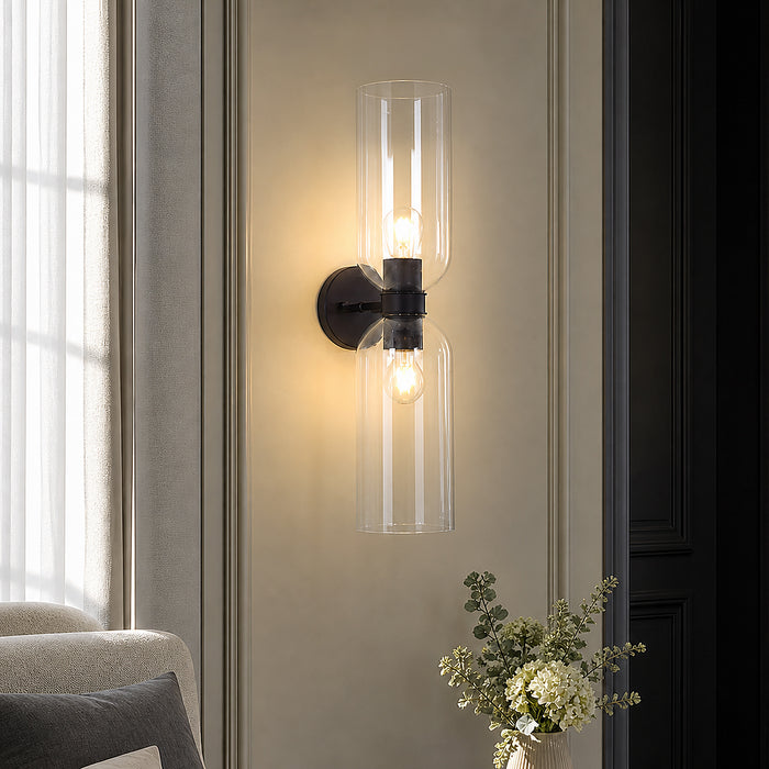 Orvella 2-Light Black Cylinder Wall Sconce Clear Glass Vanity Light
