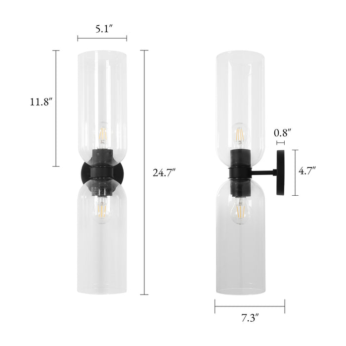 Orvella 2-Light Black Cylinder Wall Sconce Clear Glass Vanity Light