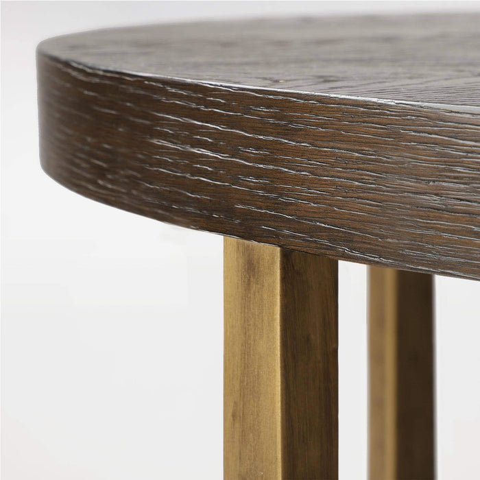 Sorleth Modern Round Wood Coffee Table with Brass Metal Base