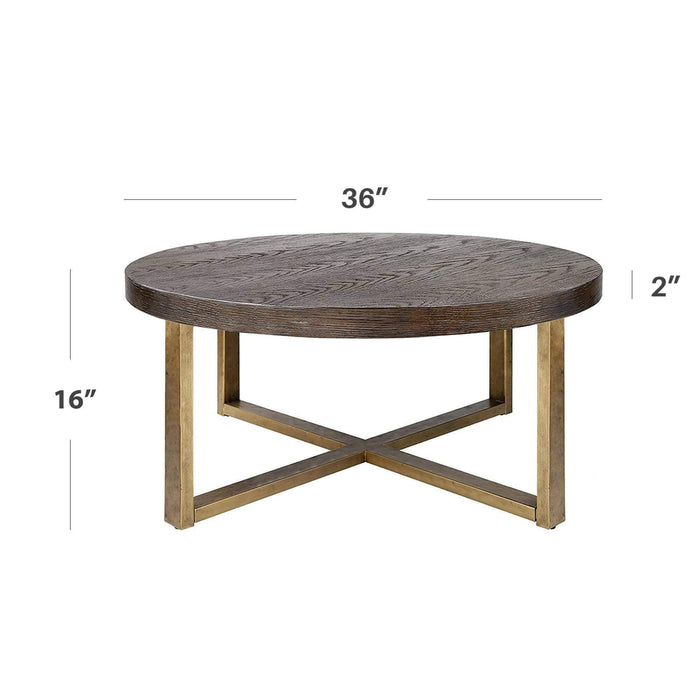 Sorleth Modern Round Wood Coffee Table with Brass Metal Base