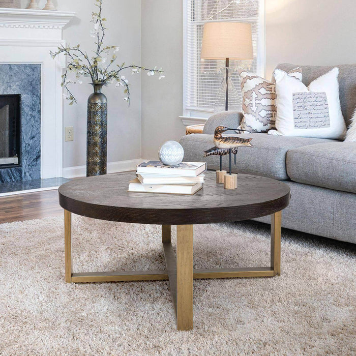 Sorleth Modern Round Wood Coffee Table with Brass Metal Base